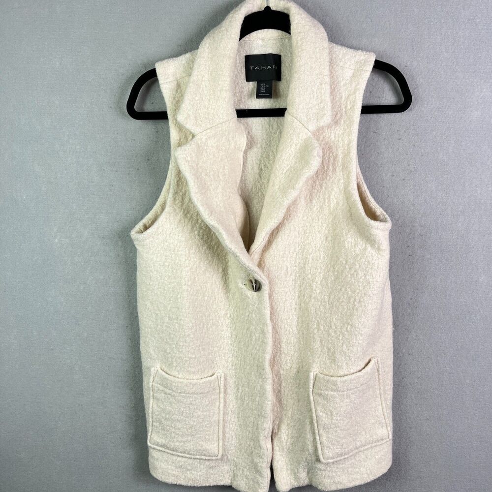 TAHARI‎ Tunic Vest Womens XL Wool Blend 1 Button Off White Sweater Pocket Nubby